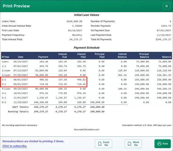 Interest-only amortization schedule with multiple disbursements