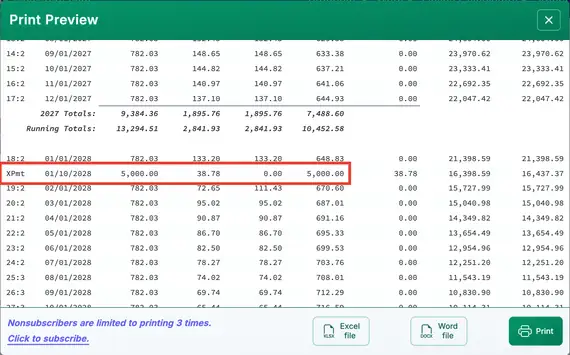Payment schedule with extra payment applied to principal