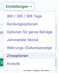 Zins‑Einstellungsmenü