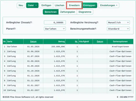 Vorbereitung zum Einfügen von Sondertilgungen