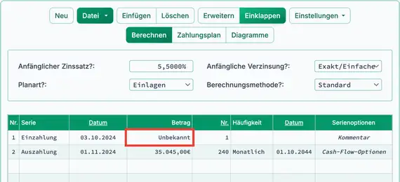 Erste Barwert‑Berechnungsoberfläche