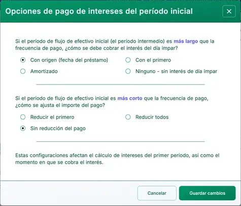 Opciones de cálculo del interés
