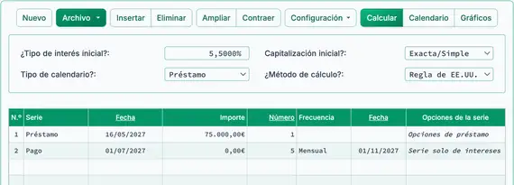 Préstamo de construcción solo intereses con primer desembolso y serie de pagos