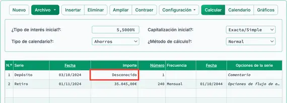 Pantalla inicial de cálculo del valor presente