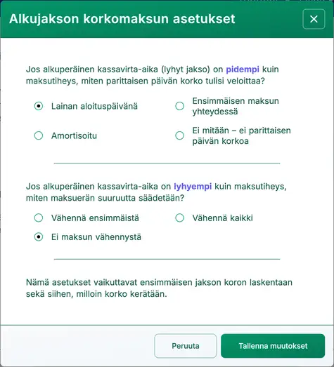korkoasetusten valintaikkuna