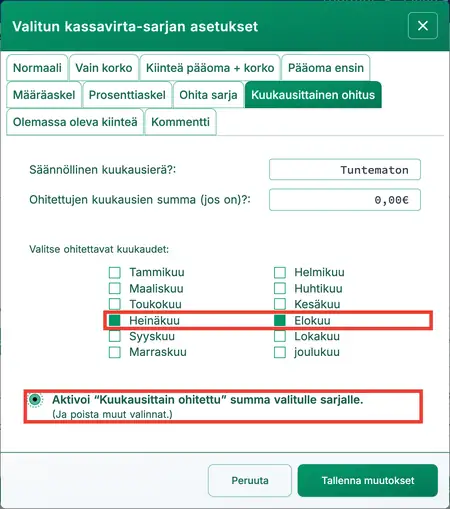 Ohitettavien kuukausien valinta