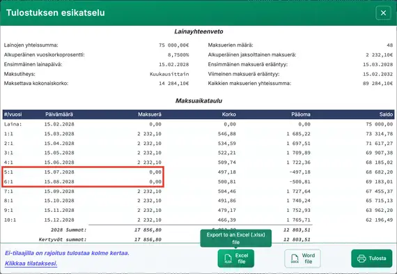 Lyhennysohjelma ohitetuilla maksuilla