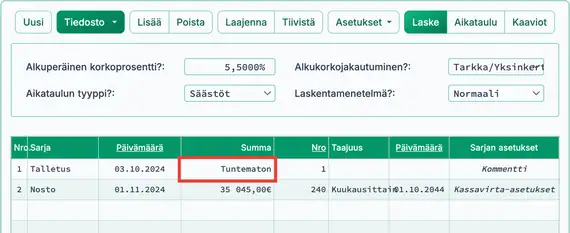Alkuperäinen nykyarvolaskunäkymä