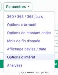 menu des paramètres d’intérêt