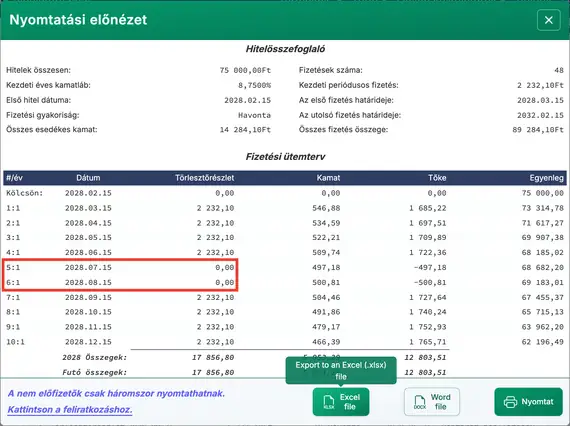 Törlesztési ütemterv kihagyott fizetésekkel