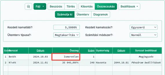 Kezdeti jelenérték számítás képernyő