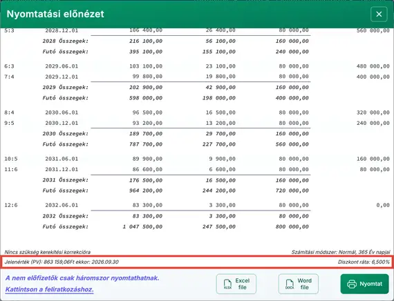 Fix tőke diszkont ütemterv