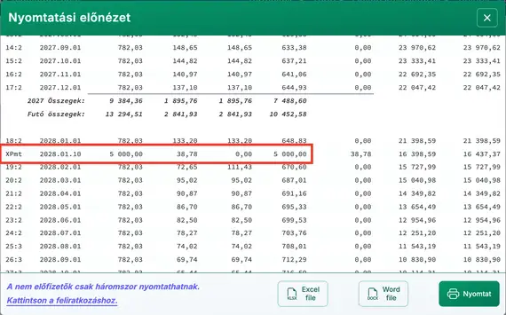 Fizetési ütemterv előtörlesztéssel a tőkére.