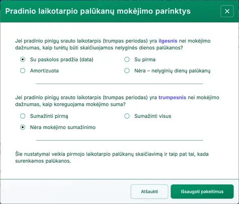 palūkanų parinkčių dialogas