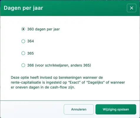 dialoogvenster dagen per jaar
