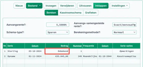 Startscherm voor contante‑waardeberekening