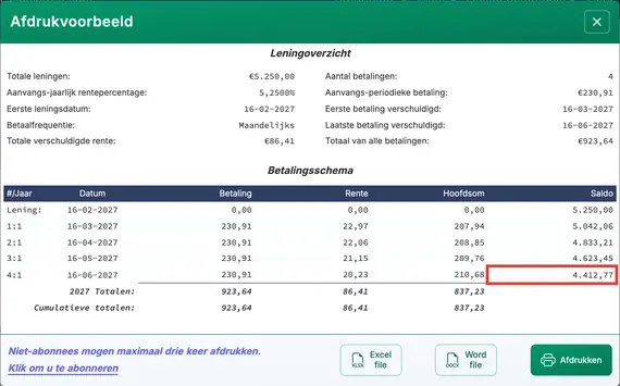 Validatie van aflossingsbedrag