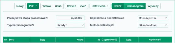 Ustawienia kalkulatora dla tradycyjnego kredytu