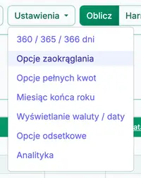 menu ustawień zaokrąglania