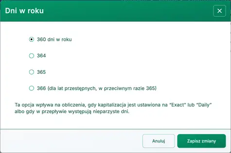 okno dialogowe ustawień dni w roku