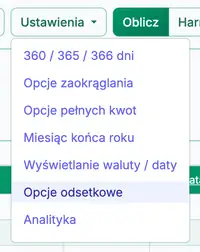 menu ustawień odsetek