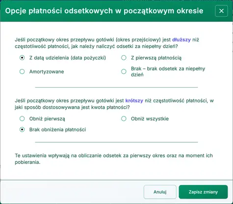 okno dialogowe opcji odsetek