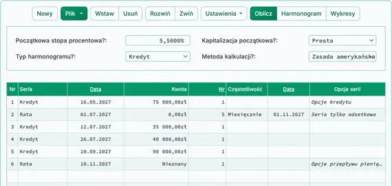 Ustawienia do obliczenia salda kredytu z naliczonymi odsetkami