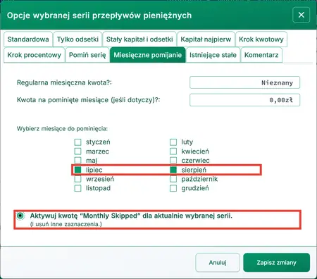 Wybieranie miesięcy do pominięcia