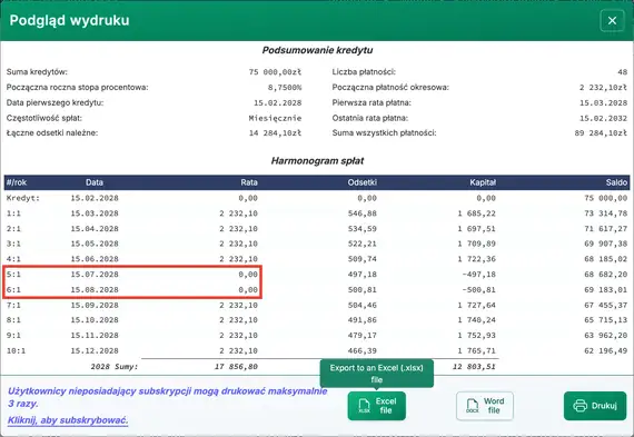 Harmonogram amortyzacji z pominiętymi płatnościami