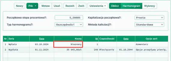 Ekran początkowego obliczania wartości bieżącej