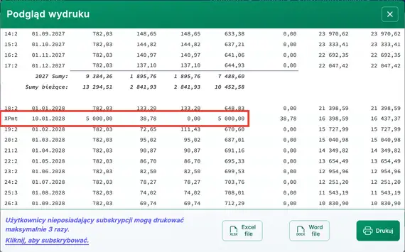 Harmonogram płatności z nadpłatą zastosowaną na kapitał