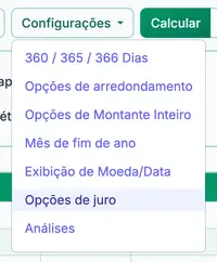 menu de definições de juros