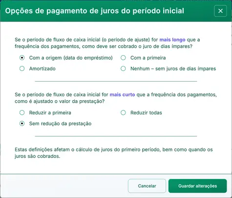 diálogo de opções de juros