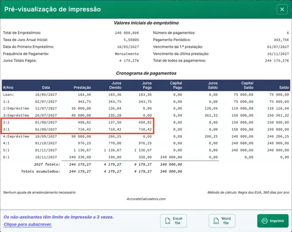 Plano de amortização apenas de juros com múltiplos desembolsos