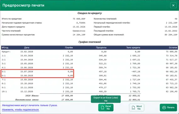 График амортизации с пропущенными платежами