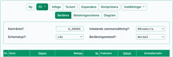 Kalkylatorns inställningar för konventionellt lån