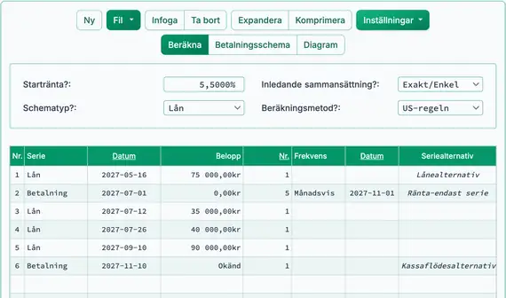 Inställning för att beräkna lånesaldot med upplupen ränta