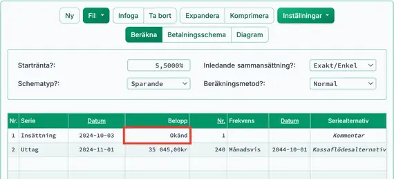 Skärm för initial nuvärdesberäkning
