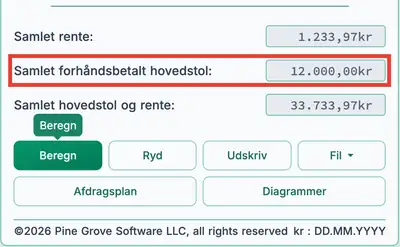 Resultater fra låneberegneren med en engangsbetaling