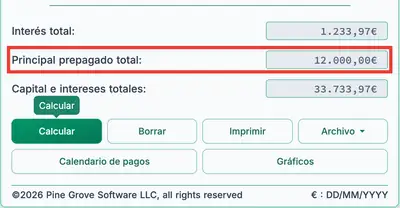 Resultados de la calculadora de préstamos con un pago global