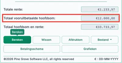 Resultaten van de leningrekentool met een eenmalige betaling