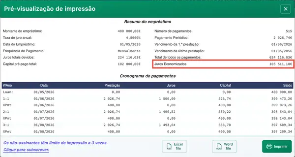 Resumo do empréstimo mostrando poupança de juros com pagamentos extra.