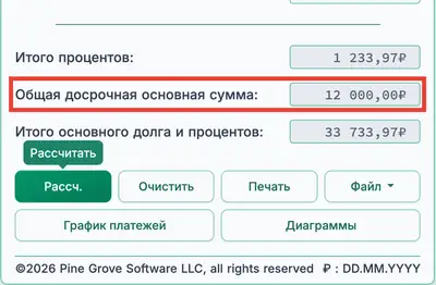 Результаты калькулятора кредита с единовременным платежом