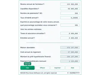 Screenshot of the affordable house calculator interface